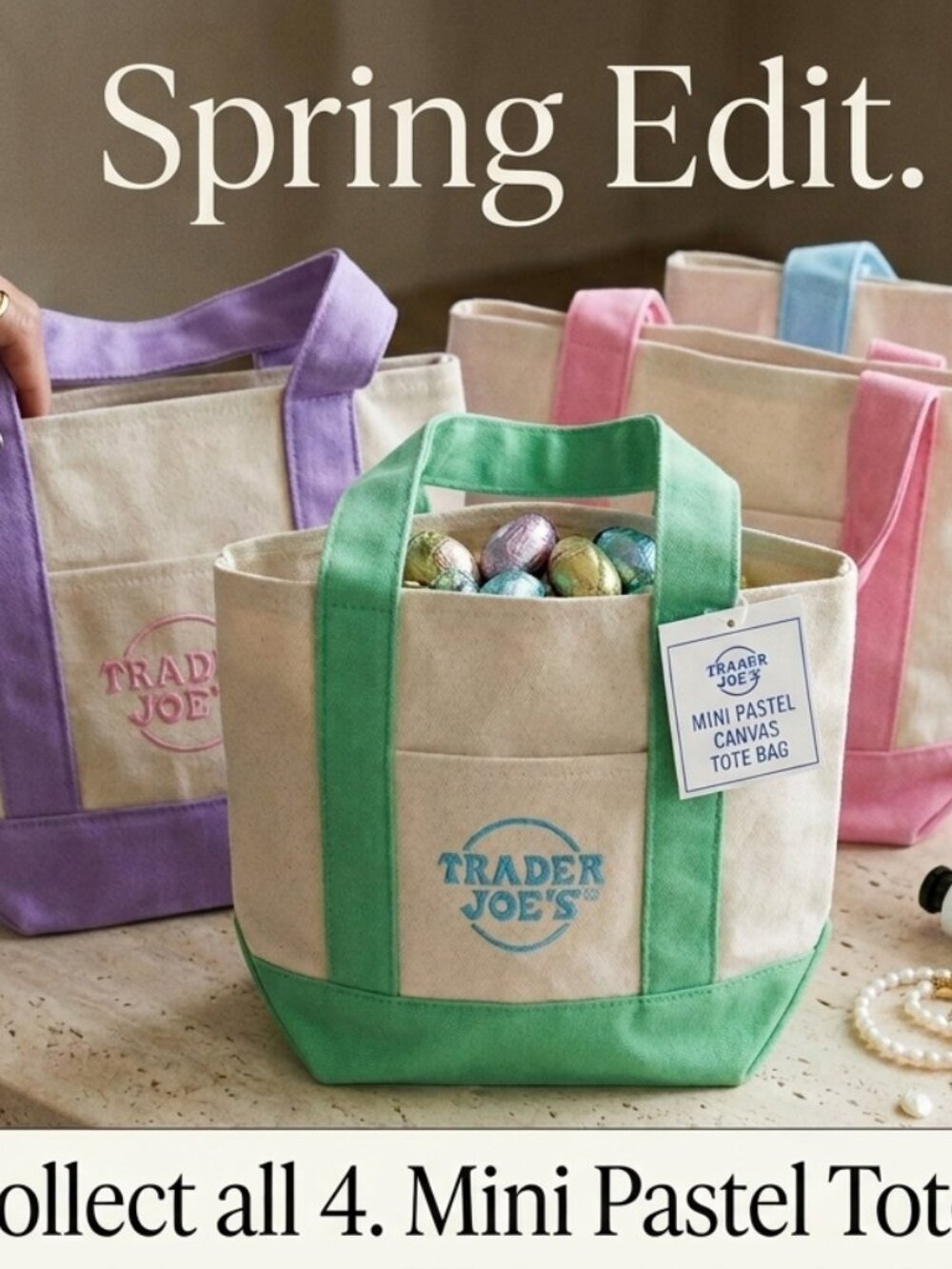 Trader Joe’s Mini Canvas Tote Bags (Lot of 4) Pastel Spring Easter NEW WITH TAGS